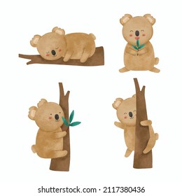 Water color cartoon animal set for stickers and emoji avatars of tropical and forest characters isolated on white background. Cute animals koala character
