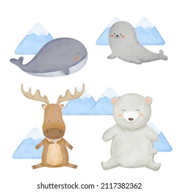 Water color cartoon animal set for stickers and emoji avatars of tropical and forest characters isolated on white background. Cute animals Whales, seals, moose, bear character