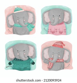 Water color cartoon animal set for stickers and emoji avatars of tropical and forest characters isolated on white background. Cute animals elephant character