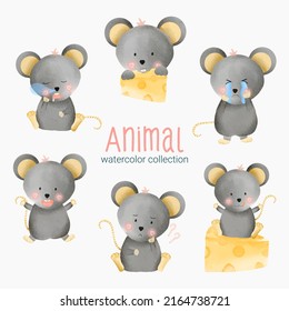 Water color cartoon animal set for stickers and emoji avatars of tropical and forest characters isolated on white background. Cute animals rat character