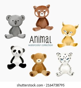 Water color cartoon animal set for stickers and emoji avatars of tropical and forest characters isolated on white background. Cute animals bear, mountain lion, panda, leopard character