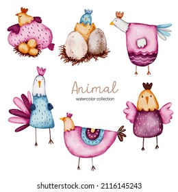 Water color cartoon poultry set for stickers and emoji avatars of tropical and forest characters isolated on white background. Cute animals Bird and chicken character