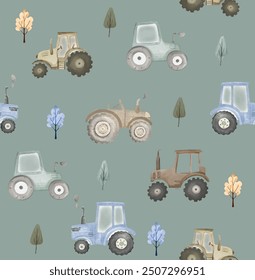 water color cute cars - Truck, tractor, cargo crane, bulldozer, excavator. Boho Seamless vector pattern with cute cars for fabric, textile and wallpaper design. Vector cars in scandinavian style