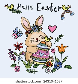 Water color cute rabbit bunny happy on easter day. easter day card cartoon