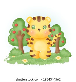 water color cute tiger in the forest.