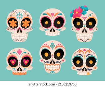 water color dia de muertos skulls collection set vector