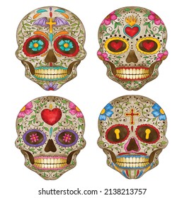 water color dia de muertos skulls collection set vector