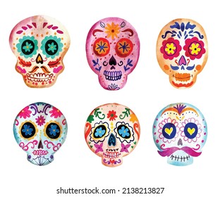 water color dia de muertos skulls collection set vector