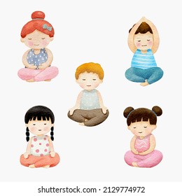 water color diverse meditating children yoga. cartoon set illustration vector