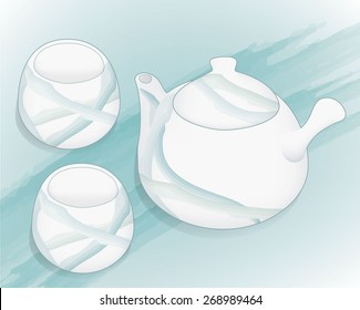 Water color drawing by hand with a teapot and cups in the Japanese style