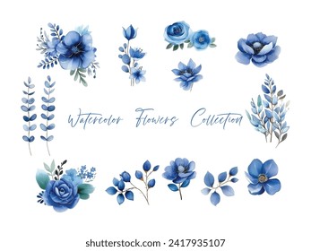 water color flower set, ultra HD blue color is very detailed, which is suitable for wedding templates or other decoration purposes