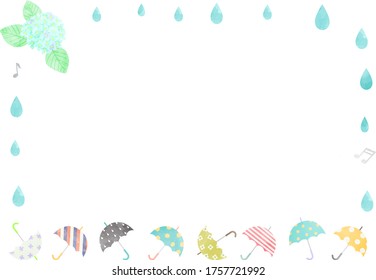 Water color frame , Umbrellas,rain drops and hydrangea 