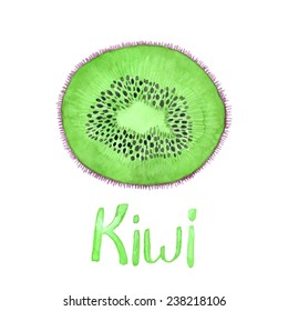 Water color hand painted kiwi fruit pattern. Isolated vector template with hand drawn aqua color text.