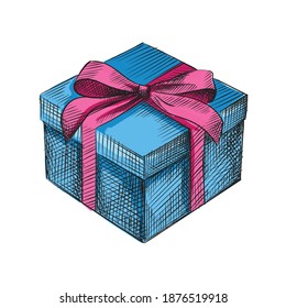 Water color Hand-drawn sketch of present box on a white background. New year attributes. Chrristmas celebration. Winter holidays; New year decoration. Blue present box with pink ribbon and bow