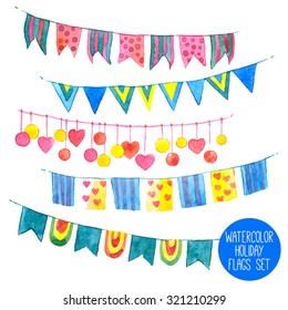 Water Color Holiday Flags And Garlands Set Isolated Vector Illustration