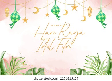 Water color Islamic holiday background, suitable for Ramadan, Eid Fitri, Eid Adha and Maulid.With tropical islamic decor.