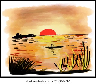 water color landscape view oarsman and boat in sunset vector