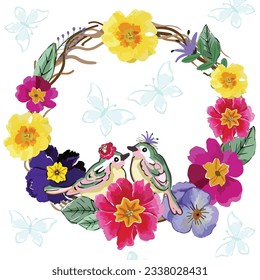 Water color a lover bird in flower wreath and  butterfly