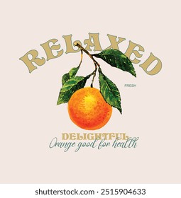 Gráficos de color naranja, ilustraciones de alimentos orgánicos para camiseta. Diseño de camiseta vintage de frutas. Obra de arte de la granja naranja. Diseño fresco de la granja. Obra de arte de la granja naranja. Impresión de fruta de paz fresca. 