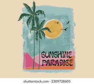 Water color palm beach graphic print design for t shirt print, poster, sticker, background and other uses. Palm tree with birds colorful retro print artwork. Sunshine paradise vector design.