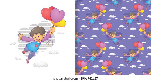 The water color pattern set of the boy flying the colorful balloons of illustration