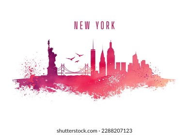 Water color picture of New York Skyline. Graphic Landscape of NYC in paint splashes and grunge textures. Bright vivid image of big apple. USA 