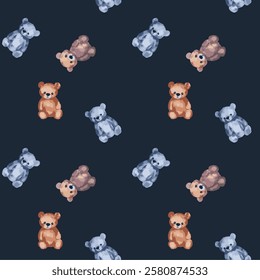 Water color teddy bear pattern illustration for babies or children. Fluffy soft stuffed toys seamless pattern. Little teddy bears vector illustrations in trendy style.