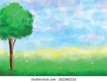 Water color tree field and sky illustration