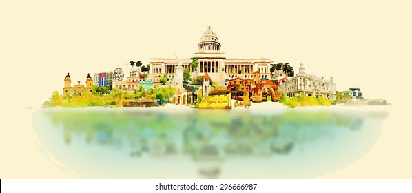 water color vector panoramic cuba illustration