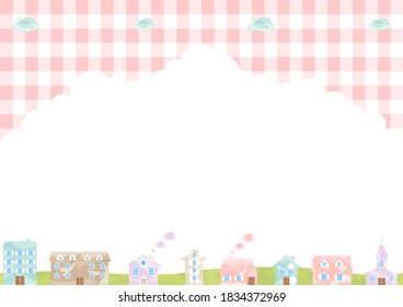 water colored houses and buildings   gingham checked backdrop