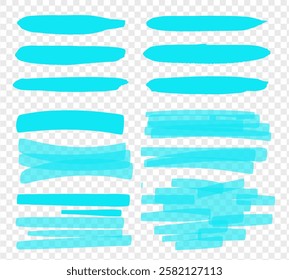Water colour blue hand drawn highlight set. Vector highlighter graphic stylish element. Marker blue set, brush pen hand drawn underline. Highlighter collection, brush lines, isolated.