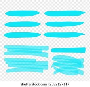 Water colour blue hand drawn highlight set. Vector highlighter graphic stylish element. Marker blue set, brush pen hand drawn underline. Highlighter collection, brush lines, isolated.