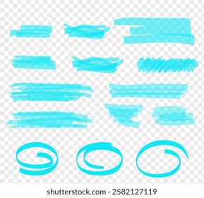 Water colour blue hand drawn highlight set. Vector highlighter graphic stylish element. Marker blue set, brush pen hand drawn underline. Highlighter collection, brush lines, isolated.