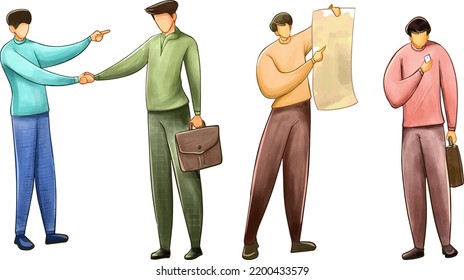 Water colour Business man and women collection. Vector illustration of diverse multinational standing cartoon women in office outfits. Isolated on white.