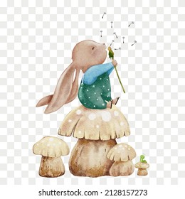 Water Colour Cute Rabbit Sitting On Mushroom Blowing Dandelion Flower,Hand Paint Cartoon Bunny Character For Easter Greeting Card, Spring, Summer Poster,Vector Illustration On Transparent Background