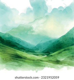 water colour green valley mountain vector illustration