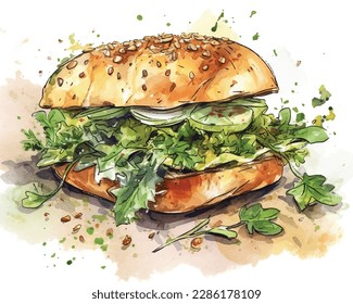 Water colour painting sandwich set food berger.