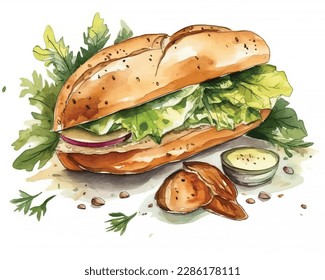 Water colour painting sandwich set food berger.