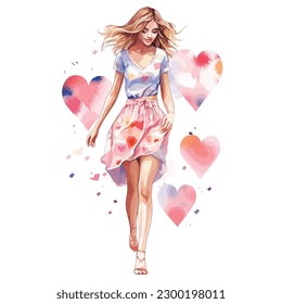 Estilo de color de agua todo el cuerpo modelo Hermosa modelo que las niñas usan se ajusta al cuerpo con sonrisa en la forma de los corazones   ... Día de San Valentín y amor. Ilusión vectorial para una postal o postal