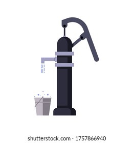 Water column with bucket in flat design. Icon on an isolated white background. Vector stock illustration.