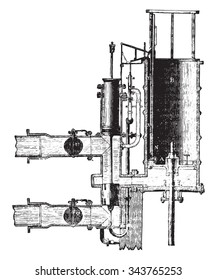 Water column machine, First period of the distribution, vintage engraved illustration. Industrial encyclopedia E.-O. Lami - 1875.

