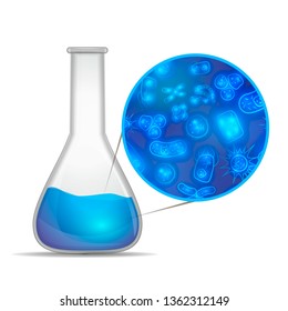 Water composition infographic. Glossy realistic chemical flask with blue substance with lots of bacterias and viruses isolated on white