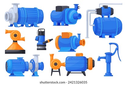 Water compressor pumps. Industrial pump irrigator machinery parts, wastewater oil pumping electric motor plumbing system equipment for sewage cleaning, set neat vector illustration of compressor pump