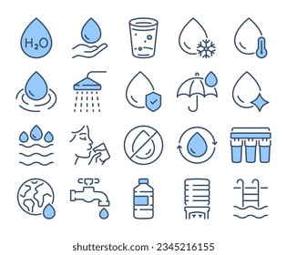 Water concept editable stroke blue outline icons set isolated on white background flat vector illustration. Pixel perfect. 64 x 64.