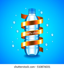 Water Concept With Plastic Bottle And Golden Ribbon Around It, Blue Background