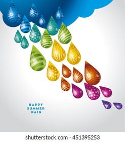 water concept poster. huge funny water rain drops in rainbow colors. vector illustration.  fall autumn cartoon 3d rain