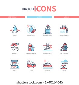 Water conditions - line design style icons set. Ecosystem concept and the usage of liquid. Images of a drop, cycle, source, rainfall, drinking, swimming pool, fire fighting, well, bath, voyage, crop