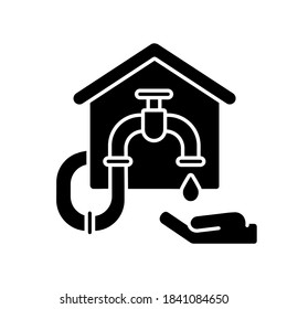Water connection black glyph icon. Supply connection. Tab system. Faucet with drop. Home plumbing. Cold and hot water systems. Silhouette symbol on white space. Vector isolated illustration