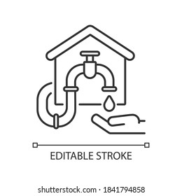 Water connection linear icon. Supply connection. Faucet with drop. Cold and hot water systems. Thin line customizable illustration. Contour symbol. Vector isolated outline drawing. Editable stroke