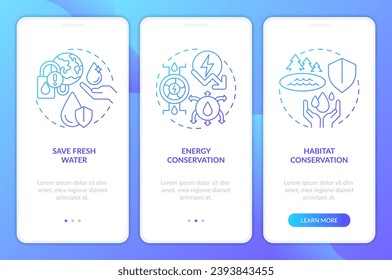 Water conservation aims blue gradient onboarding mobile app screen. Walkthrough 3 steps graphic instructions with linear concepts. UI, UX, GUI template